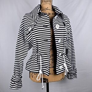 Sexy‎ cabi Navy White Stripe Textured Jacket Drawstring Waist Buttons Size S